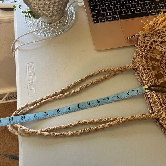 MW Tan Natural Fiber Straw Fringe Raffa Crochet Square Tote Shoulder Bag - Picture 11 of 13